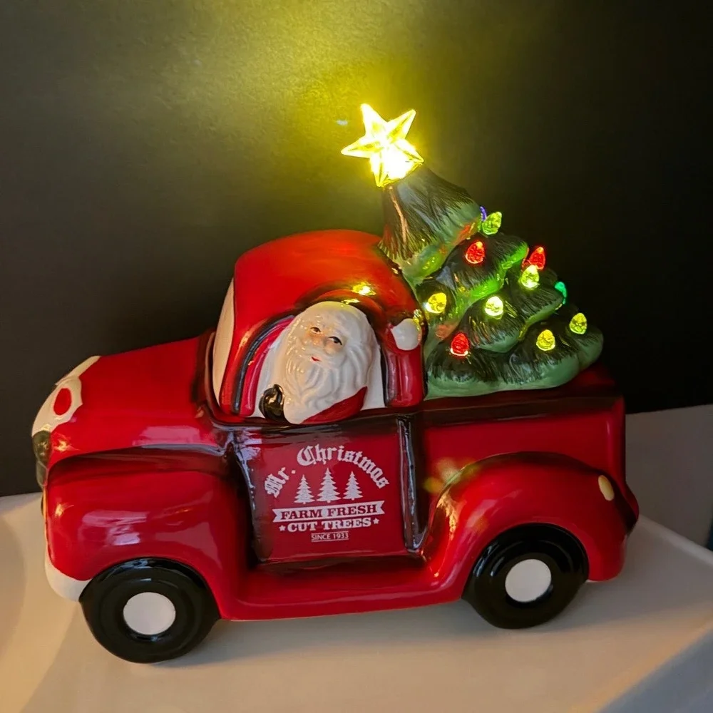 Mr. Christmas Red Truck Santa Light Up Tree Ceramic Farmhouse Holiday Cookie Jar